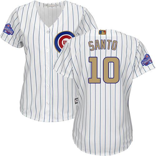 Cubs #10 Ron Santo White(Blue Strip) 2017 Gold Program Cool Base Women's Stitched MLB Jersey