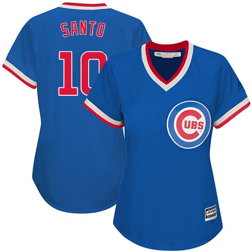 Cubs #10 Ron Santo Blue Cooperstown Women's Stitched MLB Jersey - Click Image to Close