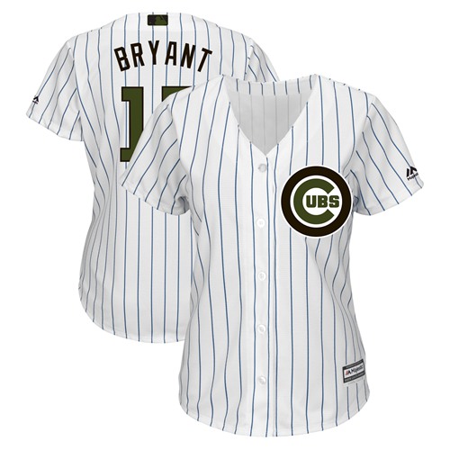 Cubs #17 Kris Bryant White(Blue Strip) 2018 Memorial Day Cool Base Women's Stitched MLB Jersey - Click Image to Close