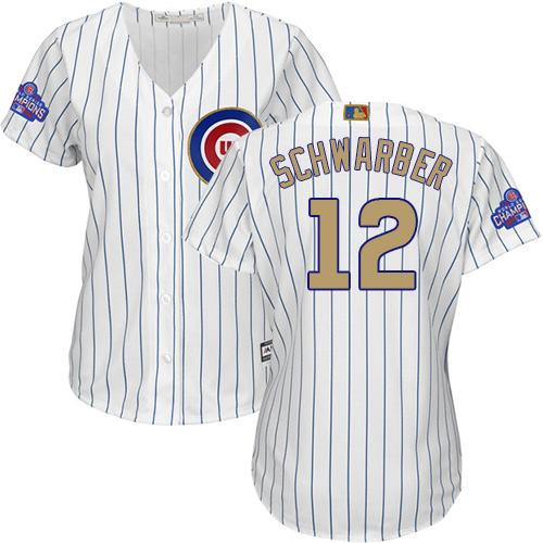 Cubs #12 Kyle Schwarber White(Blue Strip) 2017 Gold Program Cool Base Women's Stitched MLB Jersey