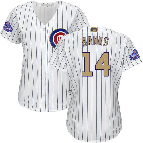 Cubs #14 Ernie Banks White(Blue Strip) 2017 Gold Program Cool Base Women's Stitched MLB Jersey