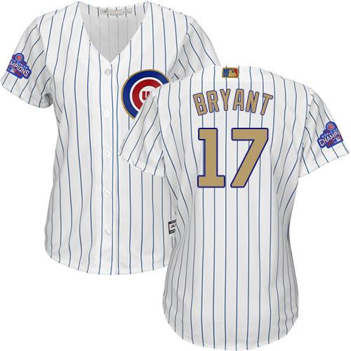 Cubs #17 Kris Bryant White(Blue Strip) 2017 Gold Program Cool Base Women's Stitched MLB Jersey