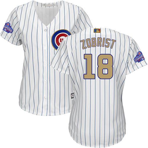 Cubs #18 Ben Zobrist White(Blue Strip) 2017 Gold Program Cool Base Women's Stitched MLB Jersey