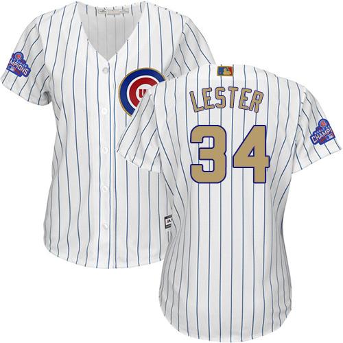 Cubs #34 Jon Lester White(Blue Strip) 2017 Gold Program Cool Base Women's Stitched MLB Jersey