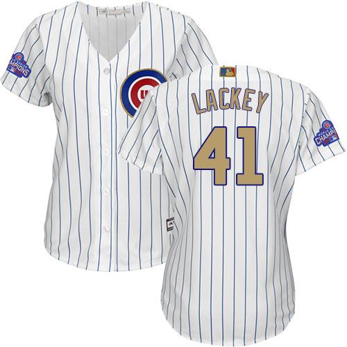 Cubs #41 John Lackey White(Blue Strip) 2017 Gold Program Cool Base Women's Stitched MLB Jersey