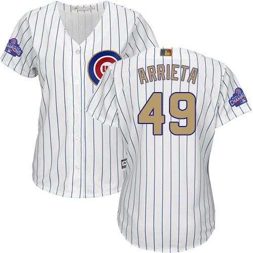 Cubs #49 Jake Arrieta White(Blue Strip) 2017 Gold Program Cool Base Women's Stitched MLB Jersey