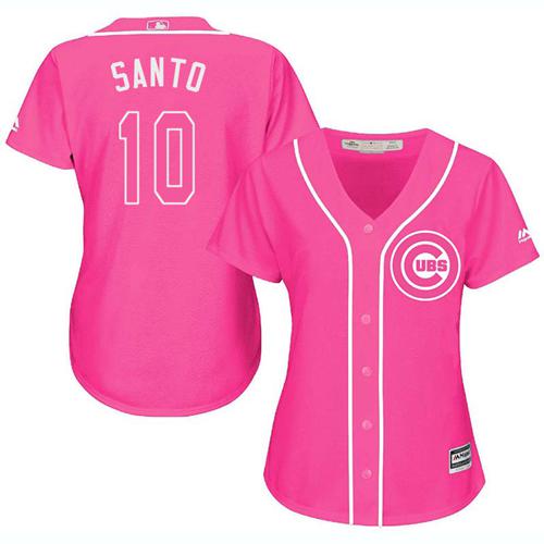 Cubs #10 Ron Santo Pink Fashion Women's Stitched MLB Jersey