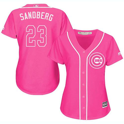 Cubs #23 Ryne Sandberg Pink Fashion Women's Stitched MLB Jersey - Click Image to Close