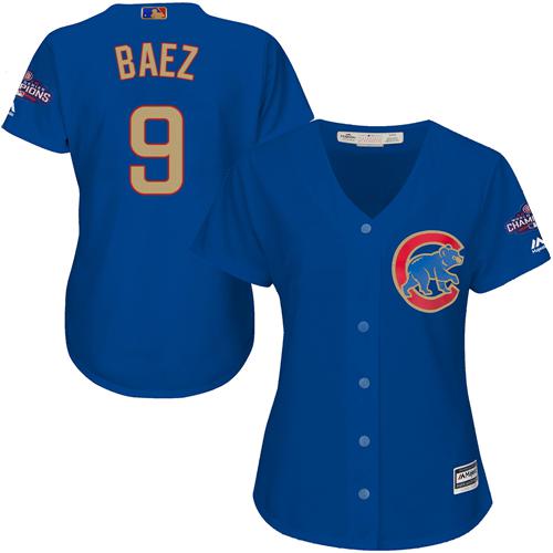 Cubs #9 Javier Baez Blue 2017 Gold Program Cool Base Women's Stitched MLB Jersey - Click Image to Close