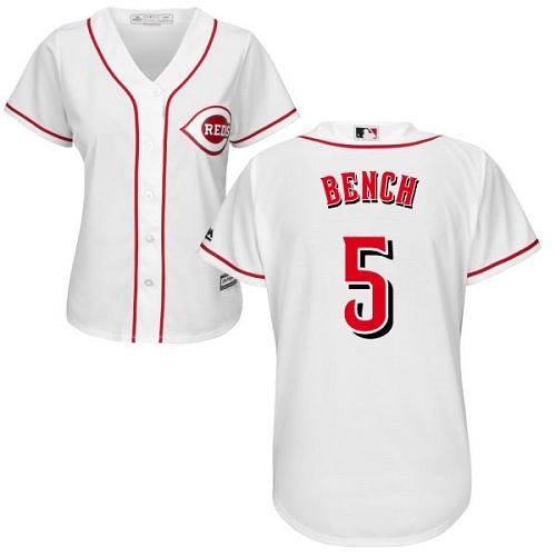 Reds #5 Johnny Bench White Home Women's Stitched MLB Jersey - Click Image to Close