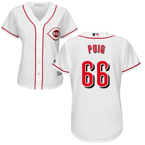 Reds #66 Yasiel Puig White Home Women's Stitched MLB Jersey - Click Image to Close