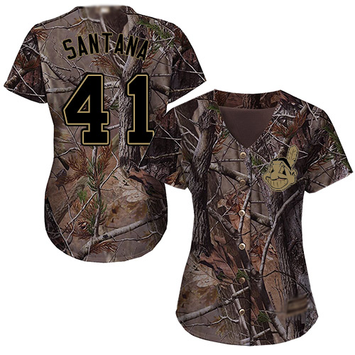 Indians #41 Carlos Santana Camo Realtree Collection Cool Base Women's Stitched Baseball Jersey