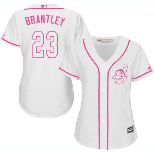 Indians #23 Michael Brantley White/Pink Fashion Women's Stitched MLB Jersey - Click Image to Close