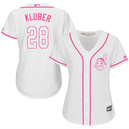 Indians #28 Corey Kluber White/Pink Fashion Women's Stitched MLB Jersey - Click Image to Close