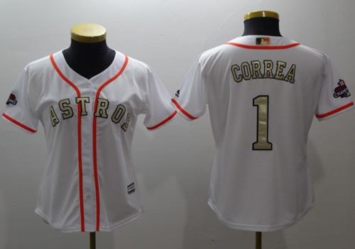 Astros #1 Carlos Correa White 2017 World Series Champions Gold Program Cool Base Women's Stitched MLB Jersey - Click Image to Close