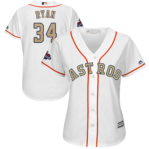 Astros #34 Nolan Ryan White 2018 Gold Program Cool Base Women's Stitched MLB Jersey - Click Image to Close