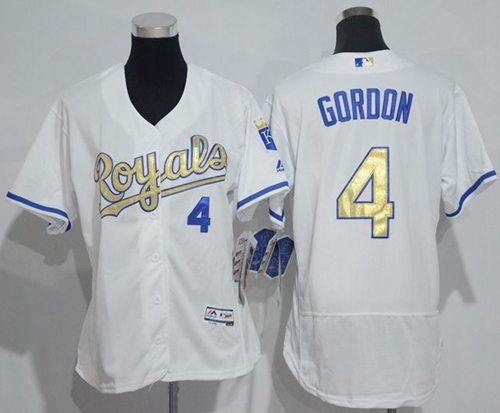 Royals #4 Alex Gordon White Flexbase Authentic 2015 World Series Champions Gold Program Cool Base Women's Stitched MLB Jersey - Click Image to Close