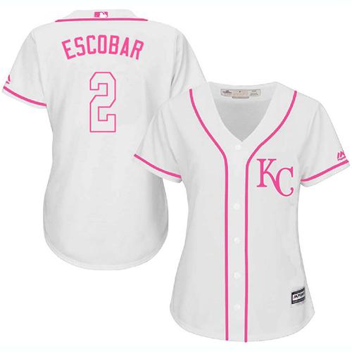 Royals #2 Alcides Escobar White/Pink Fashion Women's Stitched MLB Jersey - Click Image to Close