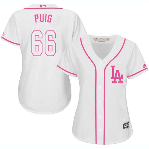 Dodgers #66 Yasiel Puig White/Pink Fashion Women's Stitched MLB Jersey - Click Image to Close