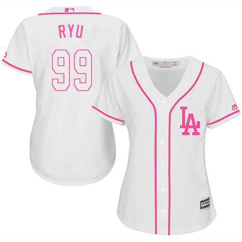 Dodgers #99 Hyun-Jin Ryu White/Pink Fashion Women's Stitched MLB Jersey - Click Image to Close