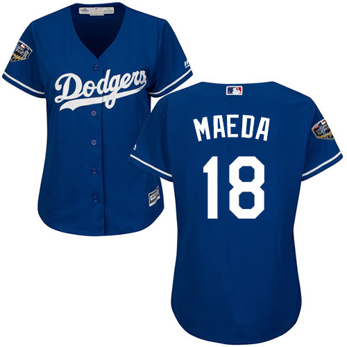 Dodgers #18 Kenta Maeda Blue Alternate 2018 World Series Women's Stitched MLB Jersey - Click Image to Close