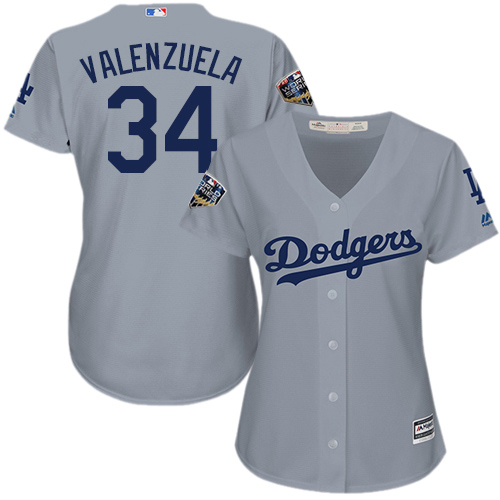 Dodgers #34 Fernando Valenzuela Grey Alternate Road 2018 World Series Women's Stitched MLB Jersey - Click Image to Close