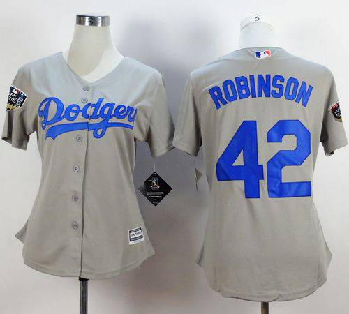 Dodgers #42 Jackie Robinson Grey Alternate Road 2018 World Series Women's Stitched MLB Jersey - Click Image to Close