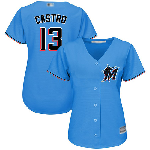 Marlins #13 Starlin Castro Blue Alternate Women's Stitched MLB Jersey - Click Image to Close