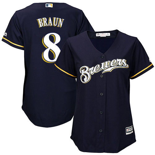 Brewers #8 Ryan Braun Navy Blue Alternate Women's Stitched MLB Jersey - Click Image to Close