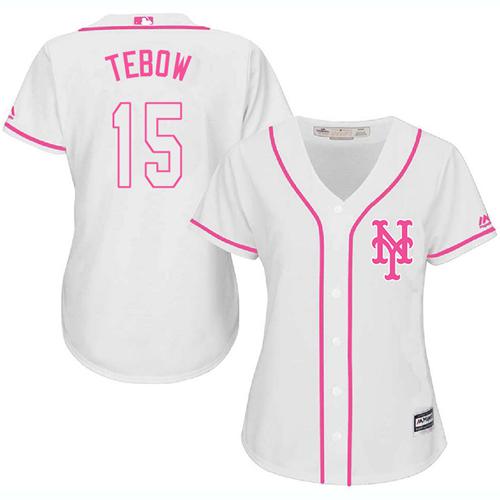 Mets #15 Tim Tebow White/Pink Fashion Women's Stitched MLB Jersey - Click Image to Close