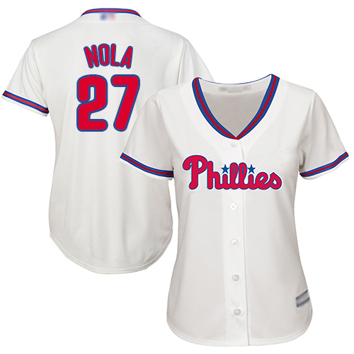 Phillies #27 Aaron Nola Cream Alternate Women's Stitched MLB Jersey - Click Image to Close