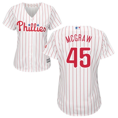 Phillies #45 Tug McGraw White(Red Strip) Home Women's Stitched MLB Jersey - Click Image to Close