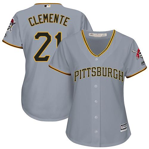 Pirates #21 Roberto Clemente Grey Road Women's Stitched MLB Jersey - Click Image to Close