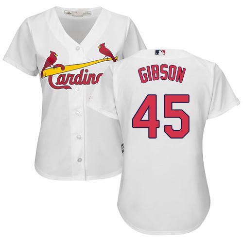 Cardinals #45 Bob Gibson White Women's Home Stitched MLB Jersey