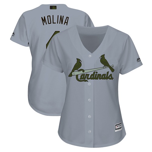 Cardinals #4 Yadier Molina Grey 2018 Memorial Day Cool Base Women's Stitched MLB Jersey