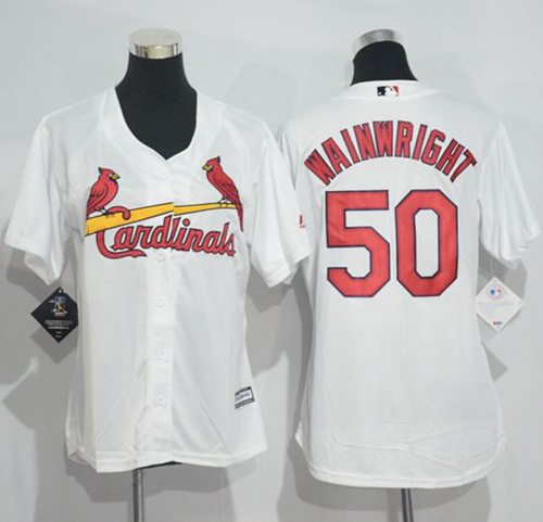 Cardinals #50 Adam Wainwright White Women's Home Stitched MLB Jersey - Click Image to Close