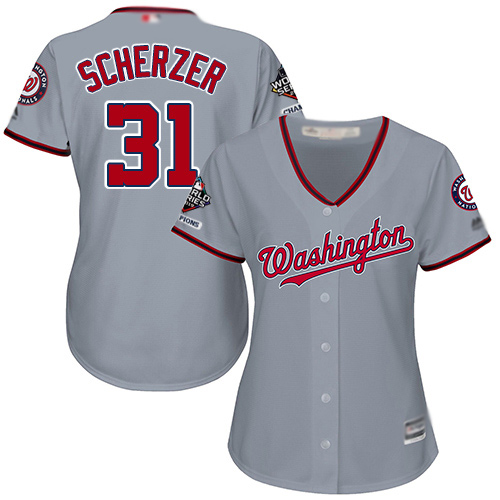 Nationals #31 Max Scherzer Grey Road 2019 World Series Champions Women's Stitched Baseball Jersey