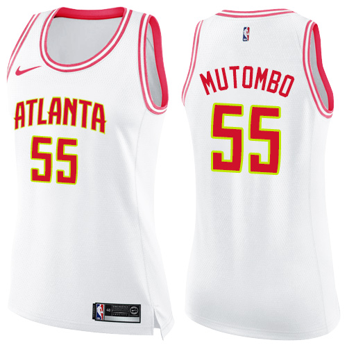 Nike Hawks #55 Dikembe Mutombo White/Pink Women's NBA Swingman Fashion Jersey