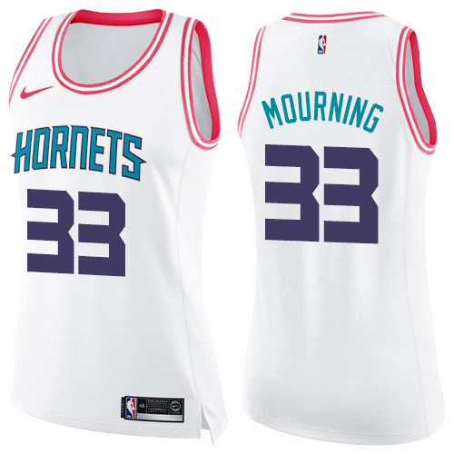 Nike Hornets #33 Alonzo Mourning White/Pink Women's NBA Swingman Fashion Jersey