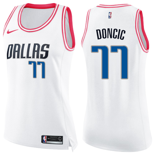 Nike Mavericks #77 Luka Doncic White/Pink Women's NBA Swingman Fashion Jersey