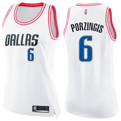 Mavericks #6 Kristaps Porzingis White/Pink Women's Basketball Swingman Fashion Jersey - Click Image to Close