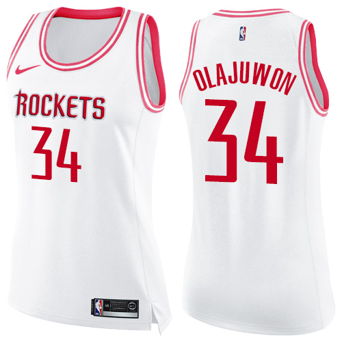 Nike Rockets #34 Hakeem Olajuwon White/Pink Women's NBA Swingman Fashion Jersey