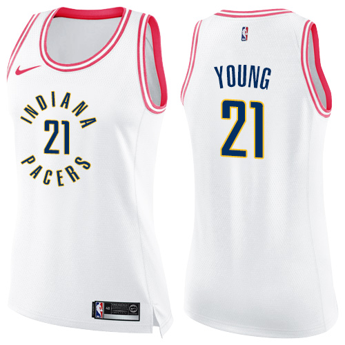 Nike Pacers #21 Thaddeus Young White/Pink Women's NBA Swingman Fashion Jersey