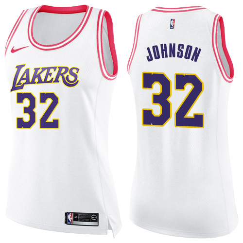 Nike Lakers #32 Magic Johnson White/Pink Women's NBA Swingman Fashion Jersey