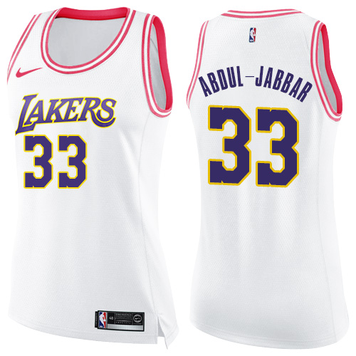 Nike Lakers #33 Kareem Abdul-Jabbar White/Pink Women's NBA Swingman Fashion Jersey