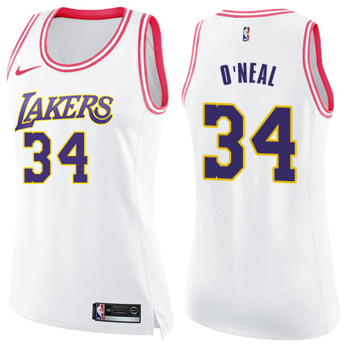 Nike Lakers #34 Shaquille O'Neal White/Pink Women's NBA Swingman Fashion Jersey