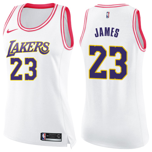 Nike Lakers #23 LeBron James White/Pink Women's NBA Swingman Fashion Jersey