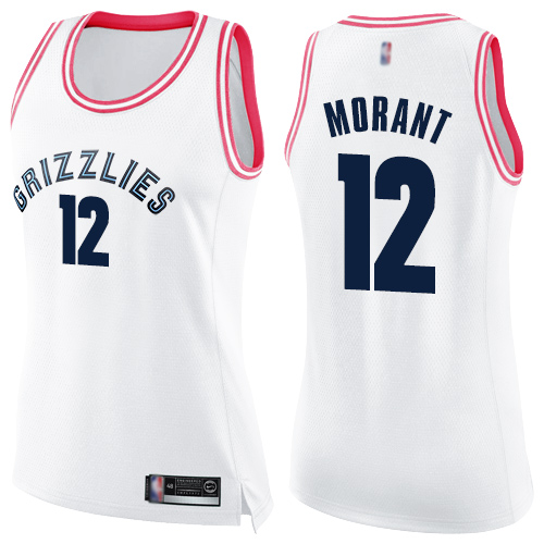 Grizzlies #12 Ja Morant White/Pink Women's Basketball Swingman Fashion Jersey - Click Image to Close