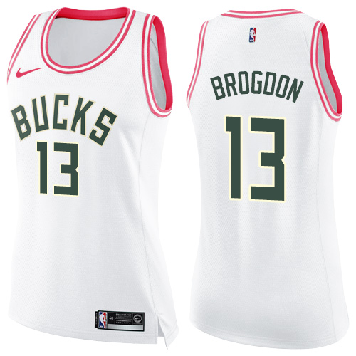 Nike Bucks #13 Malcolm Brogdon White/Pink Women's NBA Swingman Fashion Jersey