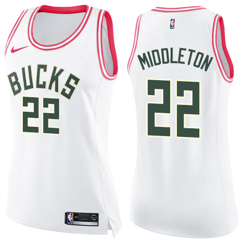 Nike Bucks #22 Khris Middleton White/Pink Women's NBA Swingman Fashion Jersey